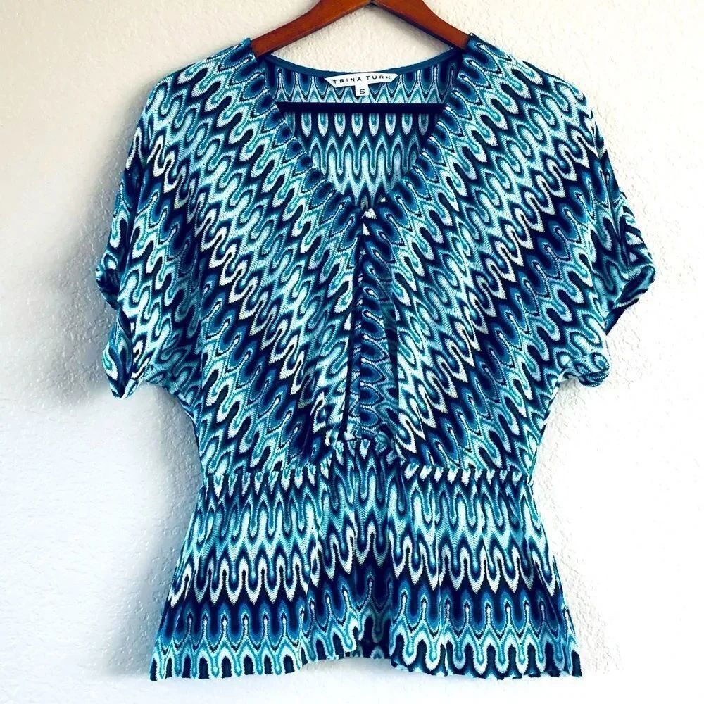 Trina Turk Blue Knit Draped Shoulder Top S